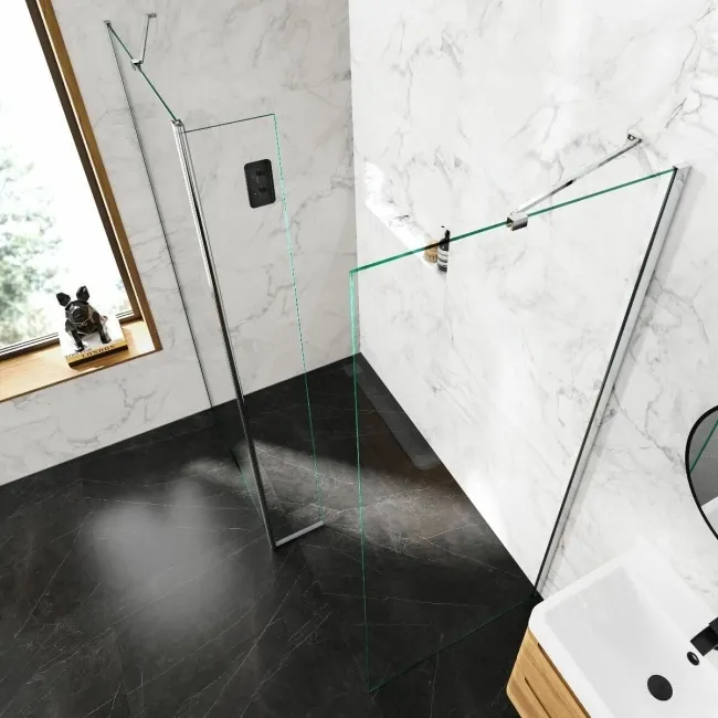 Copenhagen Easy Clean 8mm Walk In Shower Enclosure 900mm & 800mm Glass with Pivotal Return Panel