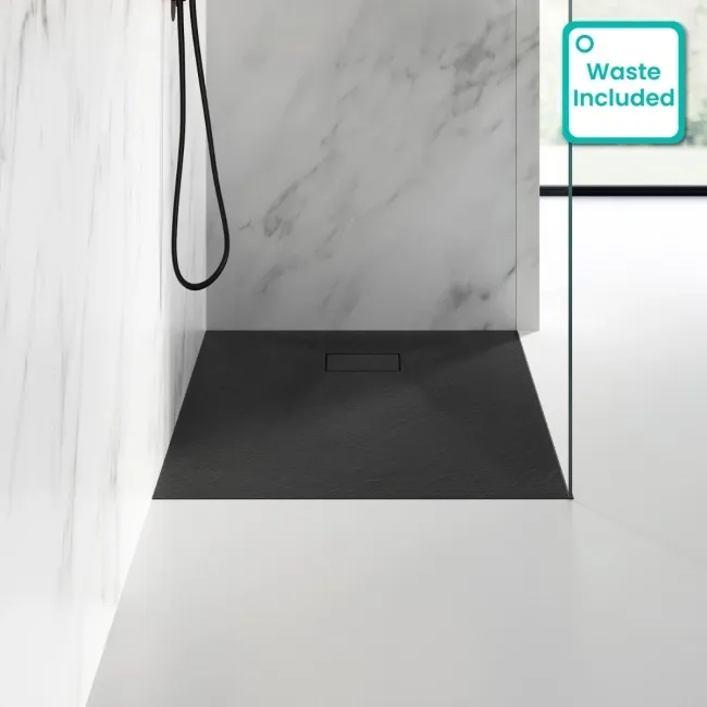 Berlin Rectangular Matt Black Slate Effect SMC Composite Shower Tray 1100x800mm
