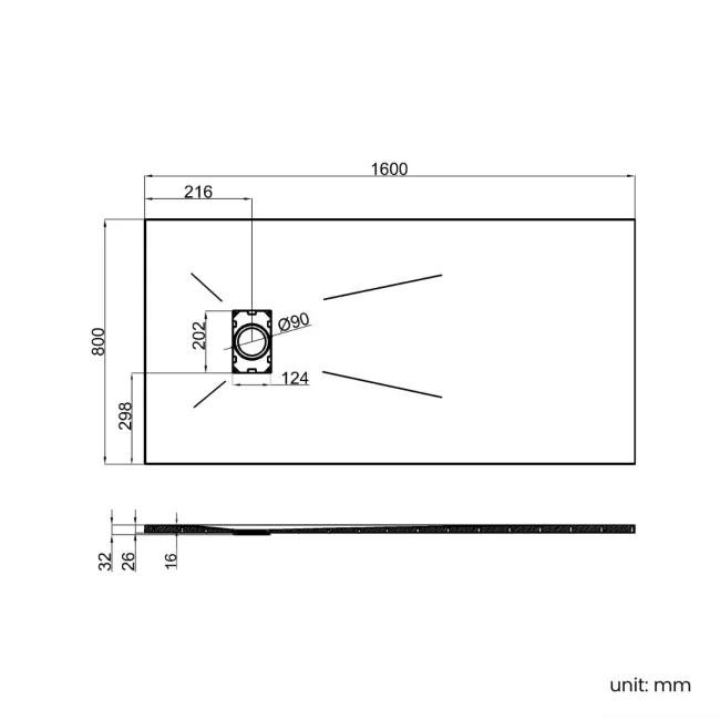 Berlin Rectangular Dark Grey Slate Effect SMC Composite Shower Tray 1600x800mm