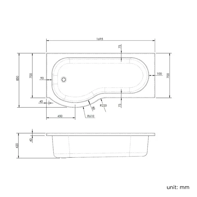 P Shaped 1700 Shower Bath - Left Handed