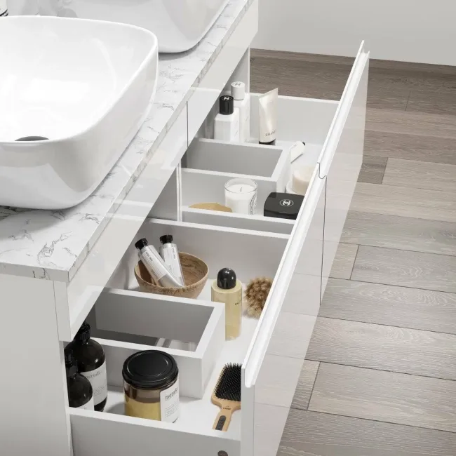 Trent Gloss White Double Wall Hung Drawer Vanity with Marble Top & Curved Counter Top Basin 1200mm