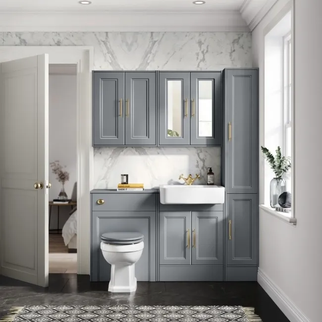 Monaco Dove Grey Combination Vanity Basin and Hudson Toilet with Wooden Seat 1200mm - Brass Knurled Handles