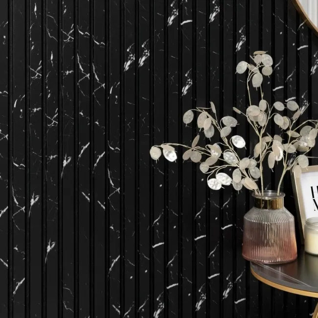 Trepanel Design® Black Marble Effect on Black Felt Acoustic Wood Slat Panels