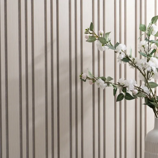 Trepanel Design® Light Oak on Antique White Felt Multi Width Acoustic Wood Slat Panels