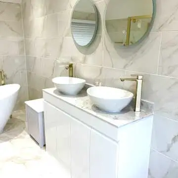 Trent Gloss White Double Vanity Drawer with Marble Top & Oval Counter Top Basin 1200mm