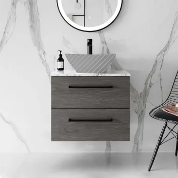 Elba Charcoal Elm Wall Hung Drawer 600mm Excludes Counter Top Basin - Black Accents
