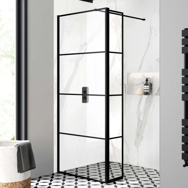 Munich Matt Black Grid Easy Clean 8mm Pivotal Wet Room Shower Glass Return Panel 250mm