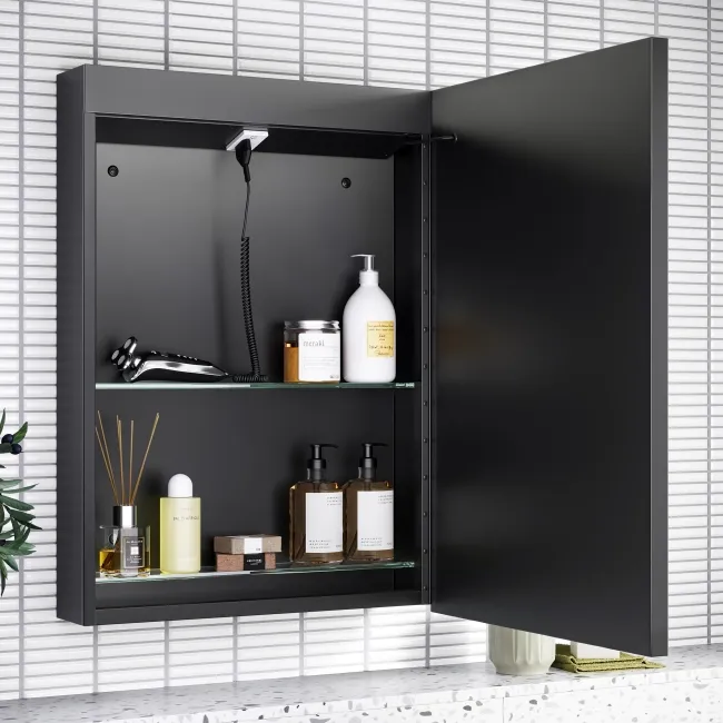 Mia Black Framed Illuminated LED Mirror Cabinet With BLUETOOTH Speaker 710x500mm