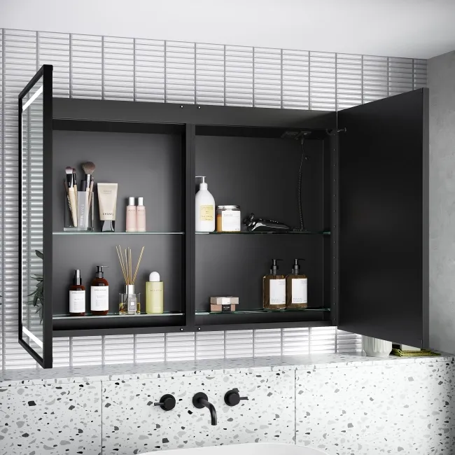 Mia Black Framed Illuminated LED Mirror Cabinet With BLUETOOTH Speaker & USB Port 710x1000mm