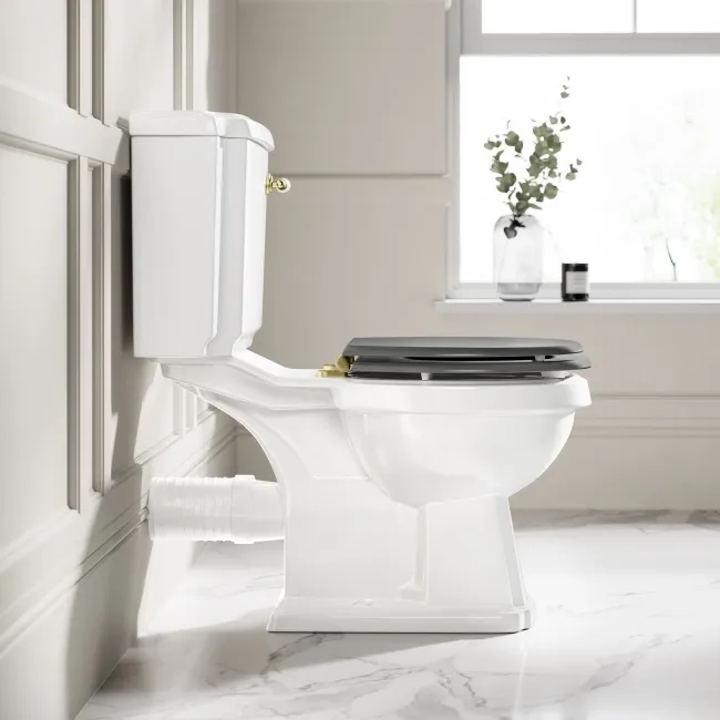 Hudson Traditional Close Coupled Toilet With Graphite Grey Wooden Seat - Brushed Brass Lever