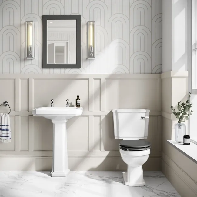 Hudson Traditional Toilet With Graphite Grey Seat & Pedestal Basin Set - Double Tap Hole