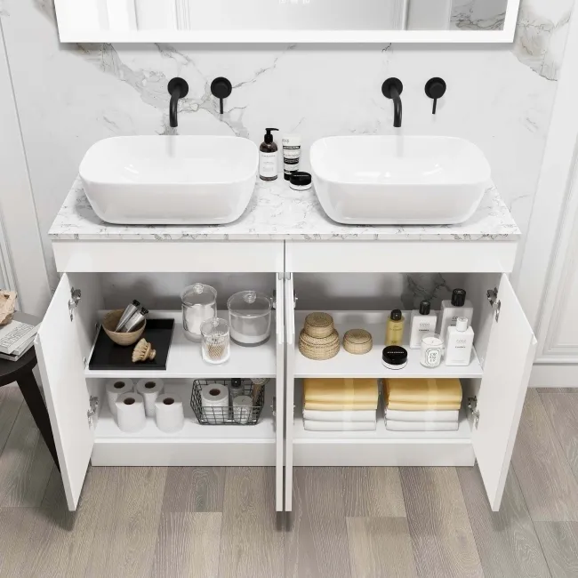 Trent Gloss White Double Vanity with Marble Top & Curved Counter Top Basin 1200mm
