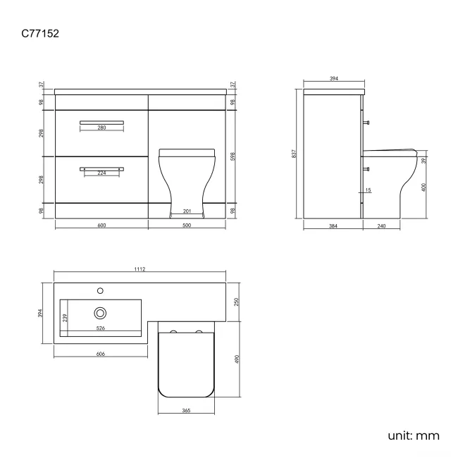 Avon Gloss White Combination Basin Drawer and Atlanta Toilet 1100mm - Left Handed