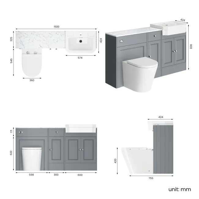 Monaco Dove Grey Combination Vanity Traditional Basin with Marble Top and Boston Toilet 1500mm