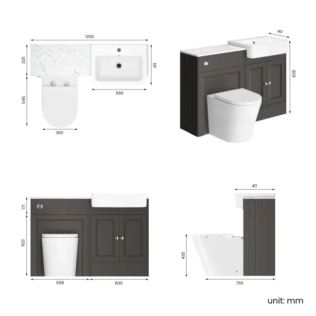 Monaco Graphite Grey Combination Vanity Basin with Marble Top & Boston Toilet 1200mm