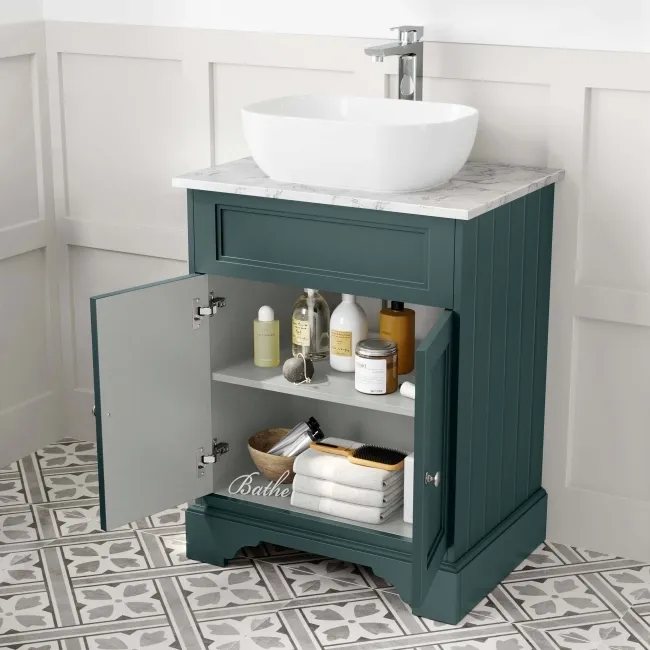 Lucia Midnight Green Vanity with Marble Top & Curved Counter Top Basin 640mm