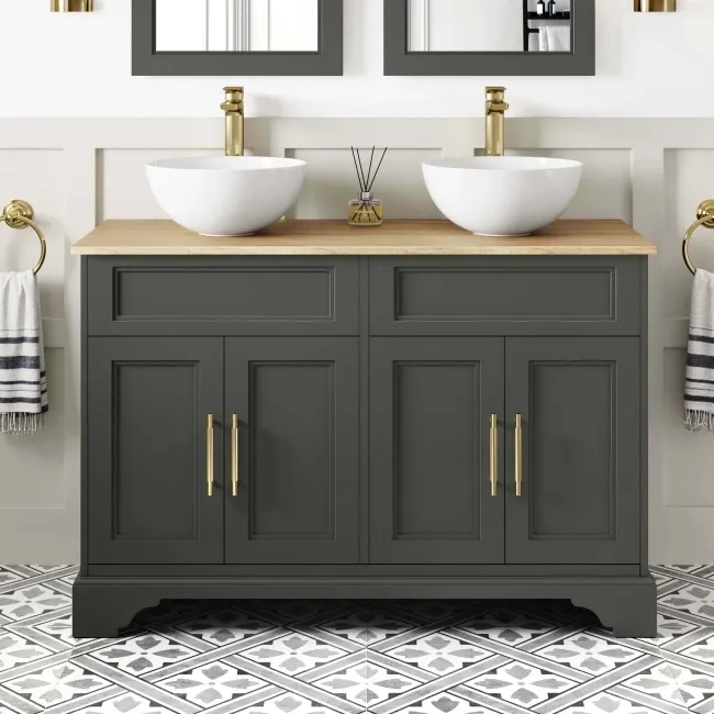 Lucia Graphite Grey Double Vanity with Oak Effect Top & Round Counter Top Basin 1200mm - Brass Knurled Handles
