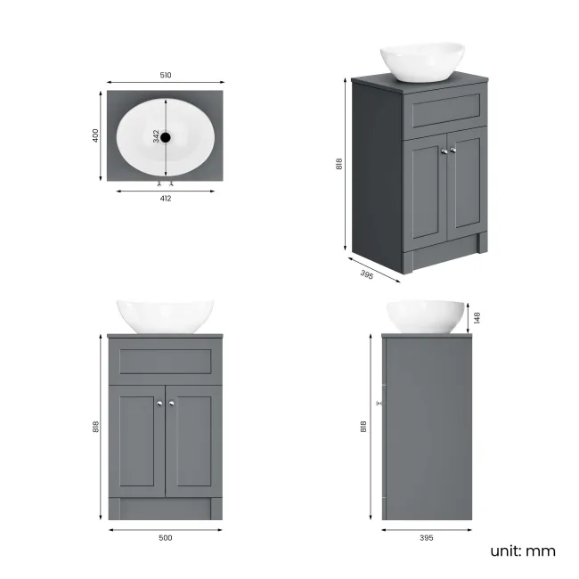 Milos Fog Grey Vanity with Oval Basin 500mm - Chrome Handles