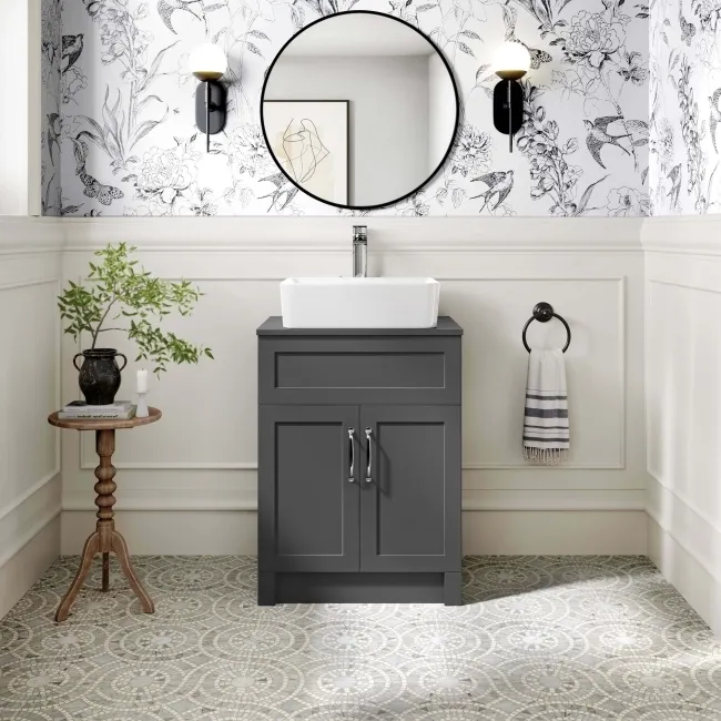 Milos Slate Grey Vanity with Troy Basin 600mm - Traditional Handles