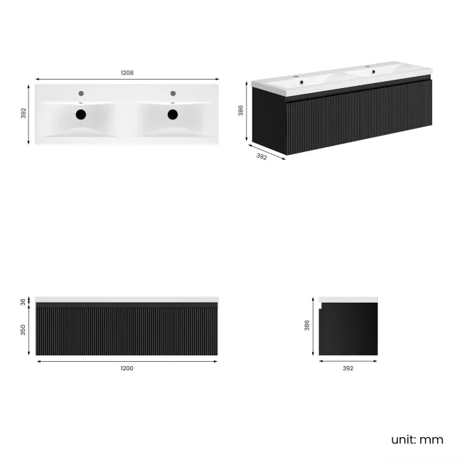 Malta Fluted Matt Black Wall Hung Double Basin Drawer Vanity 1200mm