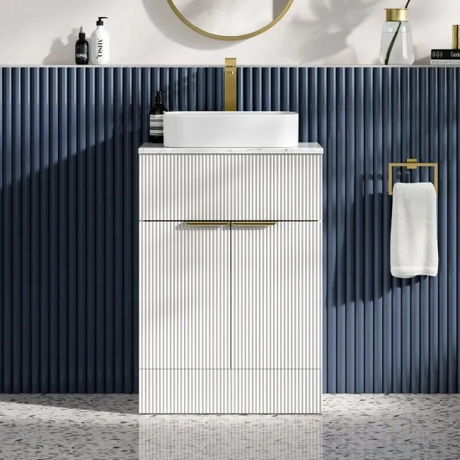 Havana Fluted Coastal White Cabinet with Marble Top & Marin Basin 600mm - Brushed Brass Accents