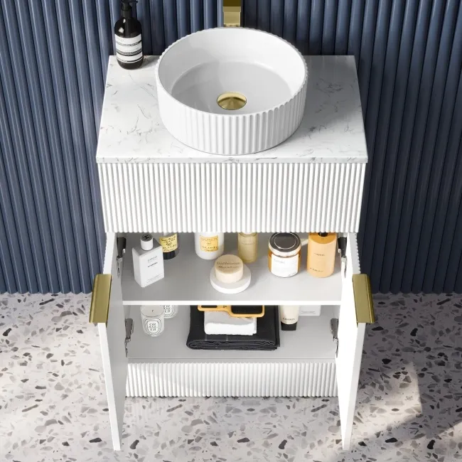 Havana Fluted Coastal White Cabinet with Marble Top & Nevis Basin 600mm - Brushed Brass Accents