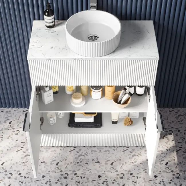 Havana Fluted Coastal White Cabinet with Marble Top & Nevis Basin 800mm - Chrome Handles
