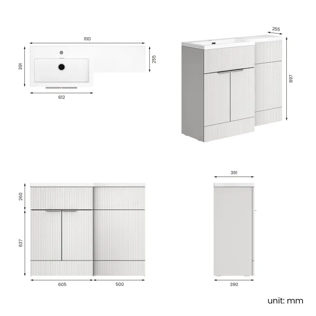 Havana Fluted Coastal White Basin Vanity and Back To Wall Toilet Unit 1100mm (Excludes Toilet) - Chrome Handles - Left Handed