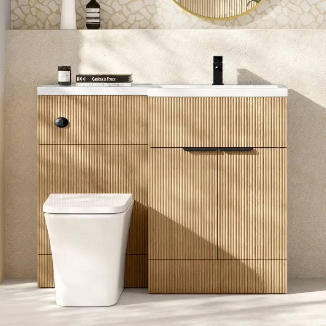 Havana Fluted Country Oak Combination Vanity Basin and Houston Toilet 1100mm - Black Accents - Right Handed
