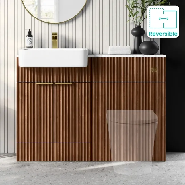 Sicily Fluted Black Walnut Vanity with Marble Top & Back To Wall Unit 1200mm (Excludes Toilet) - Brushed Brass Accents