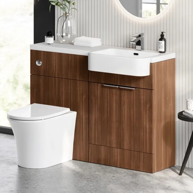 Sicily Fluted Black Walnut Combination Vanity Basin and Tucson Toilet 1200mm - Chrome Handles - Right Handed