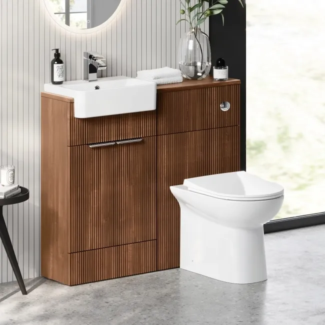 Sicily Fluted Black Walnut Combination Vanity Basin and Aruba Toilet 1000mm - Chrome Handles
