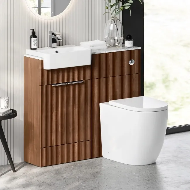 Sicily Fluted Black Walnut Combination Vanity Basin with Marble Top & Utah Comfort Height Toilet 1000mm - Chrome Handles