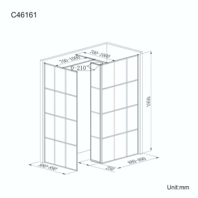 Munich Matt Black Grid 8mm Walk In Shower Enclosure 900mm & 900mm Glass with Pivotal Return Panel