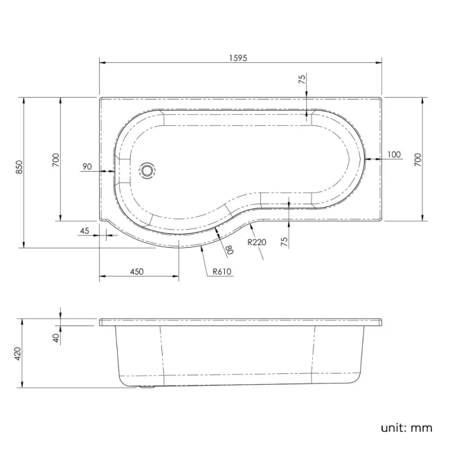 P Shaped 1600 Shower Bath - Left Handed