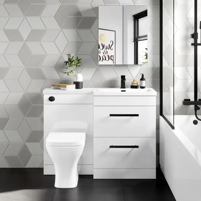 Avon Gloss White Combination Basin Drawer and Atlanta Toilet 1100mm - Black Accents - Right Handed