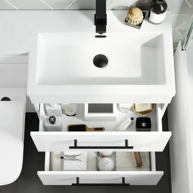 Avon Gloss White Combination Basin Drawer and Atlanta Toilet 1100mm - Black Accents - Right Handed
