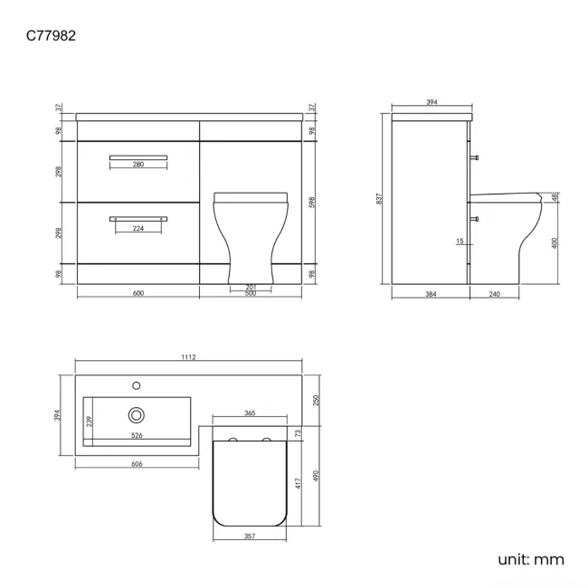 Avon Stone Grey Combination Basin Drawer and Atlanta Toilet 1100mm - Black Accents - Left Handed