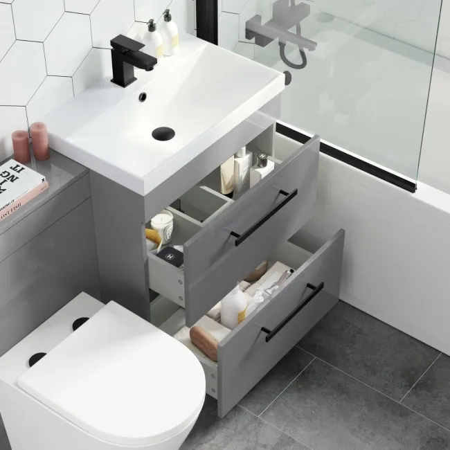 Avon Stone Grey Combination Basin Drawer and Boston Toilet 1100mm - Black Accents
