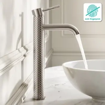 Suir Brushed Nickel High Rise Basin Mixer Tap with Knurled Detailing