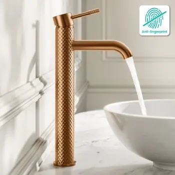 Suir Brushed Copper High Rise Basin Mixer Tap with Knurled Detailing