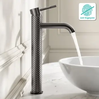 Suir Brushed Gunmetal High Rise Basin Mixer Tap with Knurled Detailing