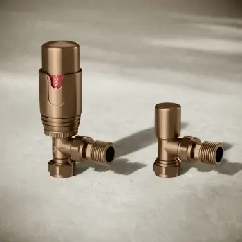 Brushed Copper Thermostatic Angled Radiator Valve (Pair) Standard 15mm