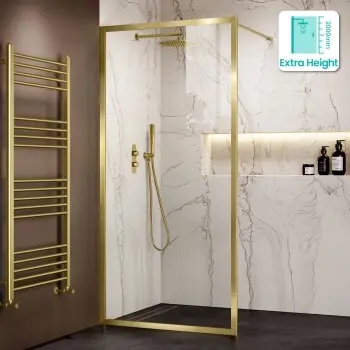 Antwerp Brushed Brass Framed Easy Clean 8mm Wet Room Shower Glass Panel 900mm