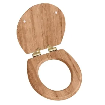 Alma Traditional Oak Effect Wooden Soft Close Seat with Brushed Brass Hinge