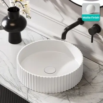 Missouri Matt White Fluted Round Counter Top Stone Basin 380mm
