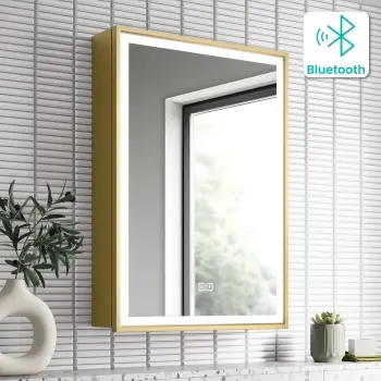 Mia Matt Brass Illuminated LED Mirror Cabinet With BLUETOOTH Speaker 710x500mm