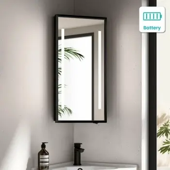 Madelyn Battery Powered Black Framed Illuminated LED Corner Mirror Cabinet 600mm Tall