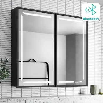 Mia Black Framed Illuminated LED Mirror Cabinet With BLUETOOTH Speaker&USB Port 710x800mm