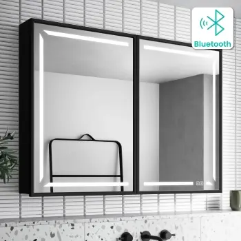 Mia Black Framed Illuminated LED Mirror Cabinet With BLUETOOTH Speaker & USB Port 710x1000mm